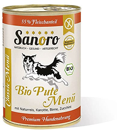 Sanoro Menü Classic Bio-Pute mit 55% Fleischanteil - Premium Hundefutter in Bio-Qualität - Bio-Pute mit Bio-Naturreis, Bio-Karotte, Bio-Birne und Bio-Zucchini - singleprotein (12 x 400g)