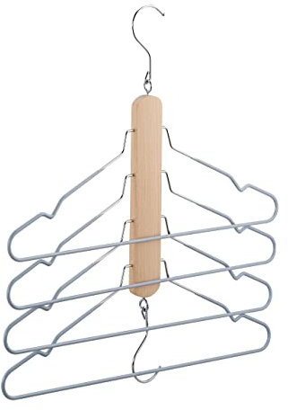 Relaxdays Mehrfach Kleiderbügel, platzsparend, 4 Hemdenbügel mit Hosensteg, Holz, Metall, Antirutschbügel, Natur/grau, 1 Stück