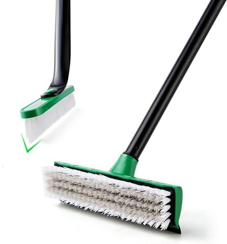 Eyliden 2 Pack Floor Scrubbing Brush with Long Handle, 3 in 1 Swivel Cleaning Brush, Built-in Squeegee & Extra V-shaped Small Brush, Stiff Grout Scrub Broom for Floor Bathroom Tile Kitchen