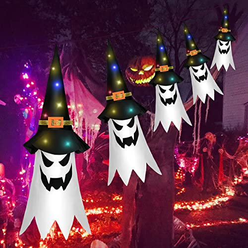 Halloween Decorations Outdoor, Hanging Ghosts, Flying Ghost Hats, 5Pcs Halloween Glowing Witch Hats with Led LIghts, Scary Decor Outdoor Indoor for Home, Party, Yard, Garden, Haunted House