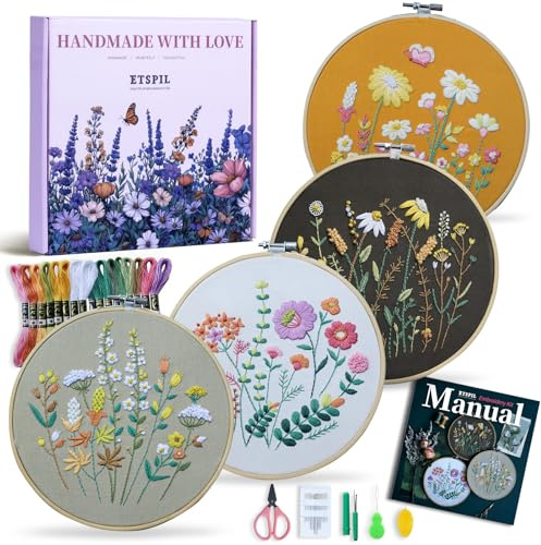 ETSPIL 4-pack broderi för nybörjare för vuxna – gör-det-själv startset med stämplade blommönster, 18-tums justerbar bamburing, färgglada trådar, verktyg, steg-för-steg-instruktioner och