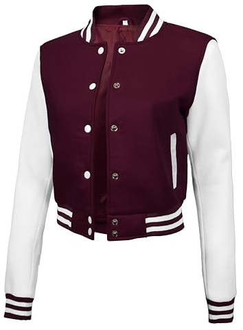 Decrum Stylish Varsity Jacket Women Crop – Fashion College Jacket For Womens Outerwear | [40160176] Maroon And White CRP, XXL