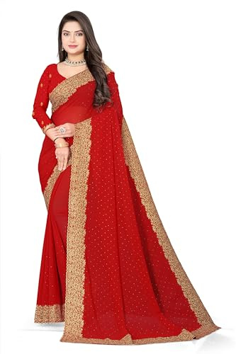 Svayi Women’s Georgette Broad Golden Embroidery Border Siroski work Saree for Wedding Festive Party Style Sari with Blouse Piece (SR1211-Red)