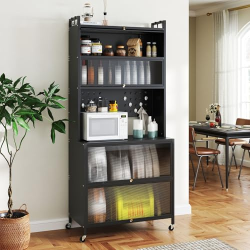 RELAX4LIFE Armadio da Cucina a 6 Livelli con Ante a Ribalta, Ampio Piano di Lavoro, Pannello Forato e Ganci, Organizzatore con Ruote e Piedini Regolabili, per Sala da Pranzo, Soggiorno (nero)