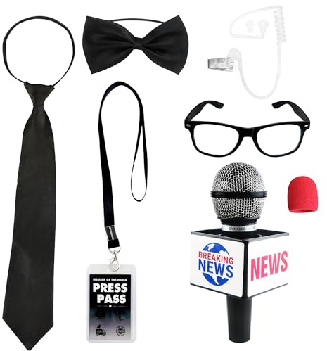 Lot de 6 accessoires de costume de journaliste en plastique pour déguisement de journaliste, lunettes de costume de presse, faux microphone pour enfants et adultes, carrière, fête, Halloween
