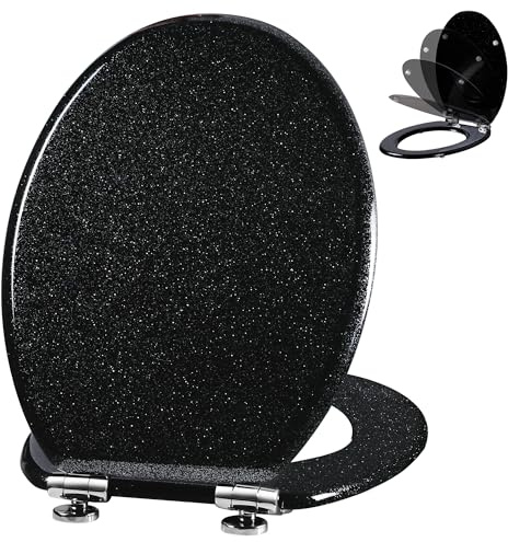 Angel Shield Glitter Toilet Seat Molded Wood Toilet Seat, Quiet Close with Quick Release Adjustable Hinges 45x37cm Oval, Fits EU Bottom-Mount Toilets (Black Glitter)