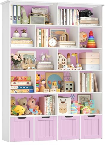 FOREHILL Barnbokhylla 175 cm, leksaksförvaring för barn, rosa | 125,5 x 33 x 175 cm, barnbibliotek 13 hyllor, 4 rulllådor, stor förvaring för barnleksaker och böcker, rundade hörn