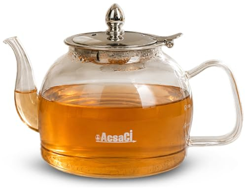 AddAcsaCi Premium Borosilicate Glass Tea Pot 1200ml Round Shape with Long Spout | Tea Pot with Removable Stainless Steel Infuser for Loose Leaf Tea | Heat Resistant Tea Maker for Hot & Iced Tea | 1.2L