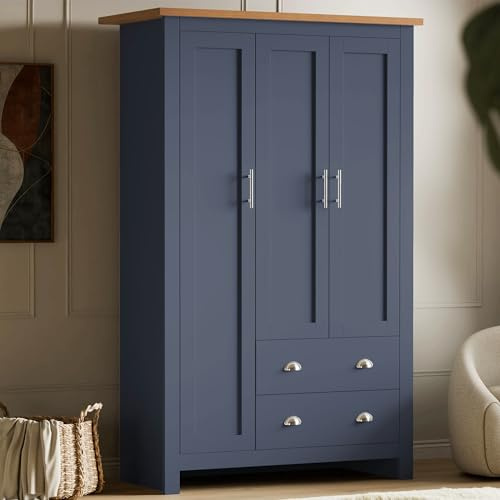 Blisswood Wardrobe for Bedroom, 3 Door 2 Drawer MDF Wooden Wardrobe with Hanging Rail, Modern Large Storage Cupboard Organiser with 4 Shelves, Triple Wardrobe for Bedroom Furniture (Blue & Oak)