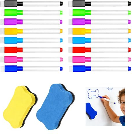 16 stycken whiteboard-märkpennor magnetiska, färgglada foliepennor kan torkas av i 8 färger med 2 radergummi fin spets torr avtorkbar foliepenna tavlor för kontor skola hem (11,5 x 1,2 cm)