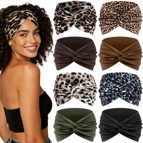 Awumbuk Wide Headbands for Women, 7.08 Inch Thick Boho Turban Style Hair Wraps, Non-Slip Moisture-Wicking Workout Headband for Sports, Yoga, Daily Fashion, 8 Pack Multi Colors