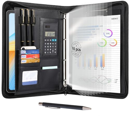 Cottoncode A4 Porte Documents en Cuir PU 4 Anneaux avec Calculatrice Stylo | Inclut 10 Pochettes Transparentes, 4 Anneaux de Stylo, Bloc-Notes, Porte-Cartes, pour Voyage Réunion Affaires Université