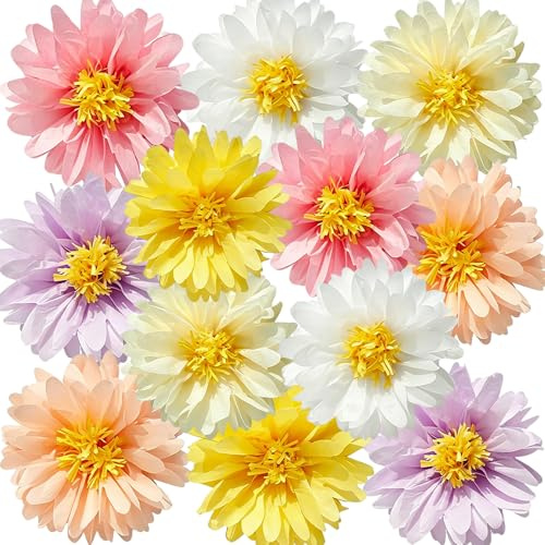 12Pcs Daisy Paper Flower Poms， 7.84 Inch Large Tissue Flower Spring Pink Fans Decorations for Wall Backdrop Baby Shower Garden Wedding Tea Party Decor