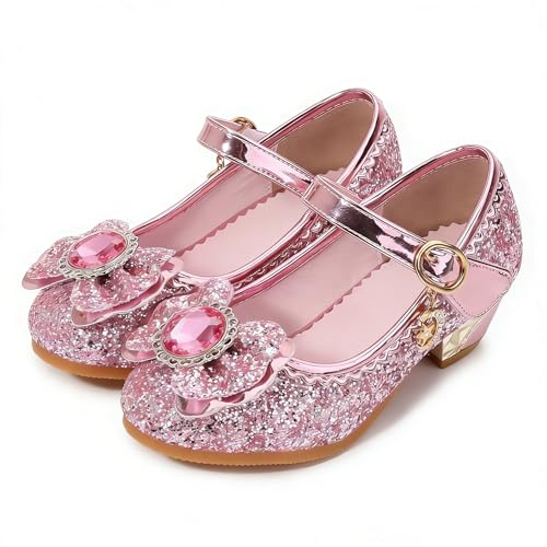 YOSICIL Disfraz Princesa Zapatos Frozenn Elsa Zapatos de Lentejuelas Antideslizante Niñas Zapatos de Tacón Zapatillas de Baile para Vestir Fiesta Cumpleaños Boda Infantil 3-14 Años,Rosa,27