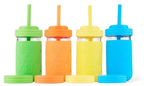 Älg och vänner barn/småbarn 35 ml glasburkar + ärmar + lock | 4-pack | Silikonhylsor | Sugrör med proppar | Matförvaring | Spillbeständig | Diskmaskinssäker | Perfekt för smoothies