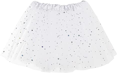 Sibba Sparkle tutù gonna da balletto a 3 strati di tulle con paillettes a stelle, giochi di ruolo, compleanno, principessa, festa per ragazze, 2-7 anni, sport all'aria aperta, bianco, Einheitsgröße