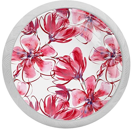 4 Packs Watercolor Red Big Floral Paint Fluorescence Crystal Glass Cabinet Knobs Drawer Handles for Kitchen Cabinets Dresser Cupboard Wardrobe Pulls Handles