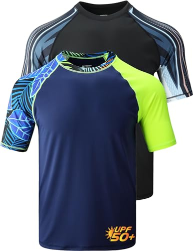 2-Pack Swim Shirts for Men UPF 50+ Loose Fit Rash Guard, Quick Dry UV Sun Protection Short Sleeve Shirt (Set D, Large)