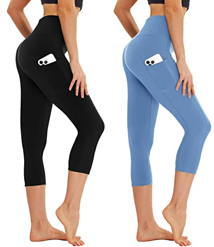 AMIYOYO Capri Lot de 2 leggings de sport pour femme avec poches 3/4 Taille haute Pantalon de sport opaque 7/8 Pantalon de yoga extensible pour l'été Gym, Noir + bleu clair, 36 FR/42 FR