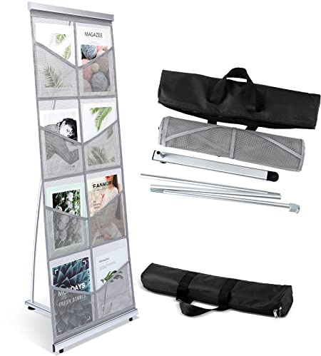 Outus Mesh Literature Brochure Holder with 8 Pocket Portable Magazine Display Roll Up Magazine Rack Lightweight Floor Standing Catalog Office Brochure Display Stand for Business Trade Shows