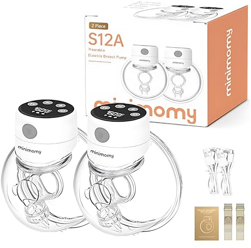 minimomy S12A Hands-Free Breast Pump Wearable, Double Wireless Pump with Comfortable Double-Sealed Flange, 3 Modes & 12 Levels Electric Pump Portable, Smart Display, 24mm, 2 Pack