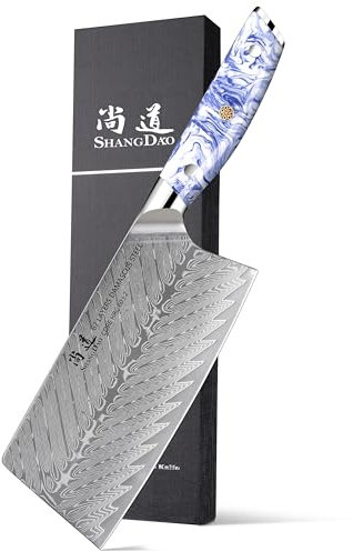 SHANGDAO Couteau de chef chinois de 7 pouces, couteau de cuisine couperet, couteau à légumes professionnel, acier de Damas forgé avec manche en résine bleue et blanche - Full Tang - Série HUA