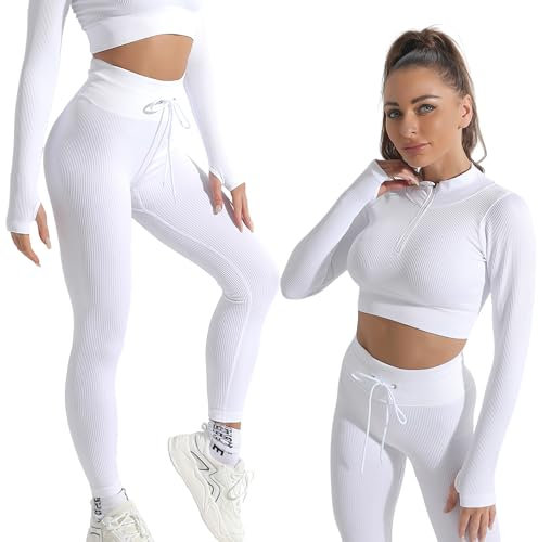 Active 100 Gym sets for women 2 piece zip up jacket Workout outfits, Cropped Top, Long Sleeve, Leggings Set for Running, Yoga, Gym, Sports Activity (White, S)