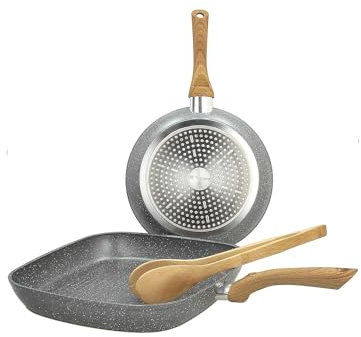 Juego de sartén redonda antiadherente con parrilla cuadrada y pinzas – Juego de sartén, parrilla de inducción y pinzas, con revestimiento Marmotech y pinzas de bambú, sartén de 24 cm y parrilla de 28