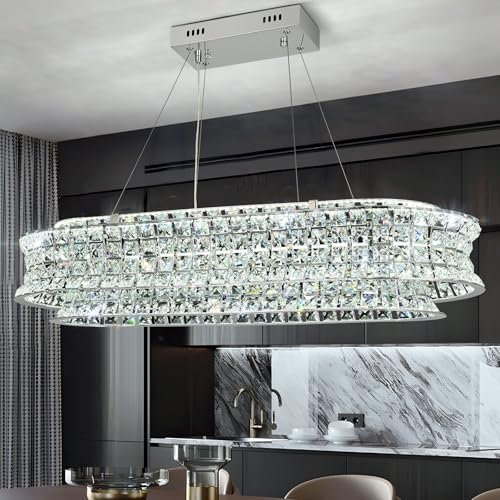 AOOCHOK Lampadario moderno di cristallo per il soggiorno, luci a sospensione a LED cromate, lampada a sospensione ovale di cristallo per soggiorno, sala da pranzo, ristorante, 80 x 35cm