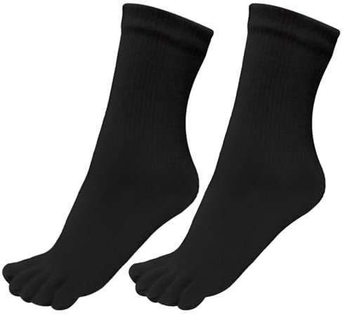 Warm-Han Zehensocken 97% Baumwolle Gr.35-39 Gerippter Schaft Zehenstrümpfe Fünf Finger Socken Damen Alltag Sport F909R Schwarz 2 Paare