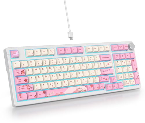 SOLIDEE Kabelansluten 95% Mekanisk Spel tangentbord,Gasket Struktur RGB Bakbelyst Tangentbord,98 Tangenter Utbytbara Mekaniska Tangentbord med Kontrollknapp,NKRO Kompakt Tangentbord(98 Flower)