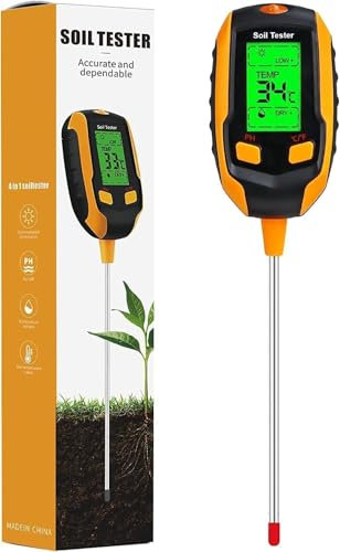 Soil Meter, 4-in-1 Soil Moisture Meter Digital PH Meter/Soil Moisture/Plant Temperature/Sunlight Intensity, Backlight LCD Display, Soil Test Meter for Garden, Lawn, Plant Care, Farm and Indoor Outdoor