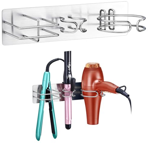 YYBO Föhnhalter Wand Ohne Bohren, 3-in-1 Fönhalterung Wandhalterung für Haartrockner, Glätteisen, Lockenstab Aufbewahrung, Föhn und Glätteisen Halterung Bad Haartrocknerhalter (Silber)