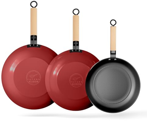 YUTANN Ensemble Poêles en Fonte Induction 3 pièces 20/24/28 cm – Poêles à Frire Légères avec Manches en Bois Amovibles, Fonte Naturelle Saine & Anti-adhérente pour Cuisine Sain
