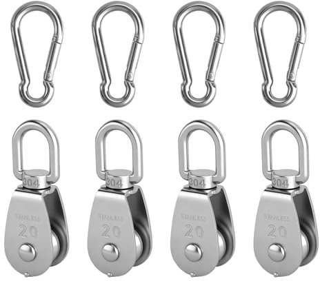 Flaskdragning remskiva set 8 delar, 4 x M20 rostfritt stål reprulle med kullager 4 x M6 karbinhake lastkapacitet 75 kg rostfritt, inget rivsystem för vinsch, solsegel, fitness, klättring, verkstad