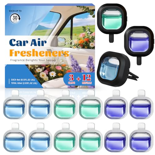 SCENTORINI Ambientador Coche, Perfume para Coche con 3 Clip y 12 Recargas, Fragancia de Brisas Marinas y Coche Nuevo y Lavandas Ambientador de Coche para Eliminar Olores Perfume Durante 30 Días