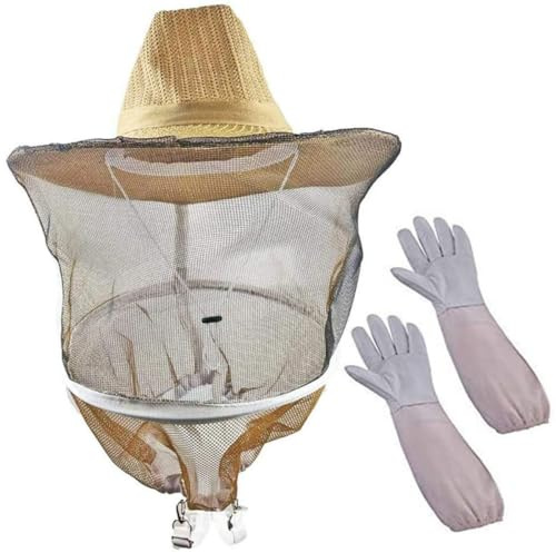 jojofuny Guantes Largos para Apicultor Profesional y Sombrero Portátil Velo de Apicultura, Guantes de Piel de Cabra para Manejo Cómodo y Seguro