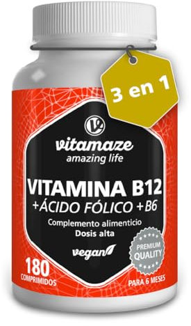 Vitamina B12 1000 mcg con Ácido Fólico 375 mg B9 y Vitamina B6, 3 Vitaminas B de Alta Dosis para Múltiples Beneficios, Energía y Sistema Inmune, 180 Comprimidos Veganos, Calidad Alemana. Vitamaze®