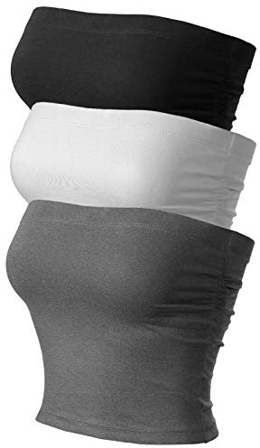 MixMatchy Women's Solid Casual Summer Side Shirring Scrunched Double Layered Tube Top 3PACK - Black/Charcoal/White S