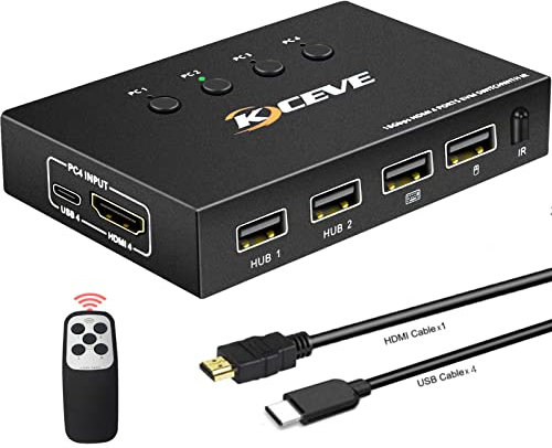 MLEEDA Switch KVM 4 PC 1 Monitor 4K@60Hz, USB Switch Per 4 PC 1 Monitor, Condivisione Tastiera/Mouse 4 Porte USB2.0, Telecomando e Cavi Inclusi