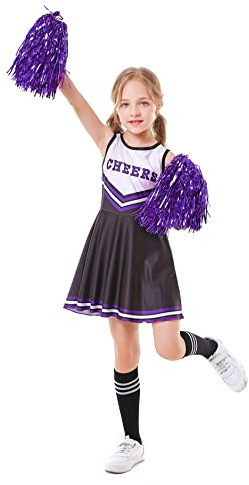 JUIYNIZT Kinder Mädchen Cheerleader Cheerleading Kostüm Uniform Karneval Fasching Party Halloween Kostüm Kleid Minirock mit 2 Pompoms und Socken (Schwarz, 146-152)