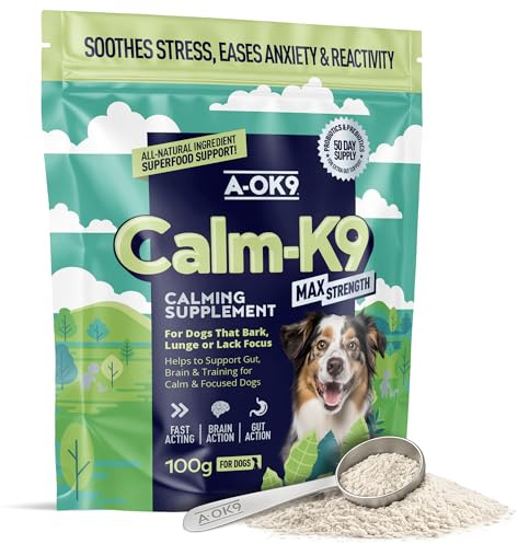 A-OK9 Calming Supplement Powder for Dogs - Helps with Anxiety Relief, Fireworks, Stress & Barking - Natural Ingredients & Superfoods - Mix with Dog or Puppy Food - All Ages & Breeds