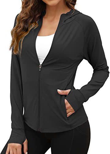 We1Fit Women's UPF 50+ Sun Protection Jacket Hooded Zip Up SPF Shirts Long Sleeves Black