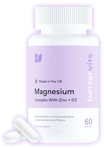 Bettervits Magnesium Glycinate Complex with Citrate, Malate, Zinc & Vitamin D3 | Magnesium Supplements for Muscle Recovery, Heart Health & Sleep Support - High Absorption | 60 Capsules