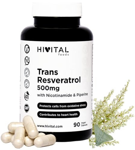 Trans-Resveratrol 500 mg. 90 vegane Kapseln für 3 Monate Kur. Mit Nicotinamid und Piperin. Natürlicher Extrakt aus Fallopia Japonica 98% reines natürliches Resveratrol. Hergestellt von HIVITAL