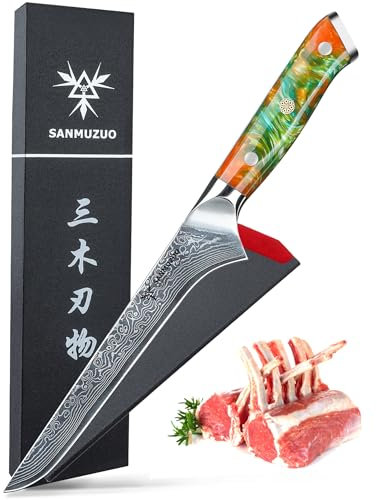 SANMUZUO Coltello filetto 18 cm, Professionale Coltello da Disossare Giapponese Acciaio Damasco Coltello da Cucina Impugnatura Resina - Xuan Series(Fantasia Arancione)