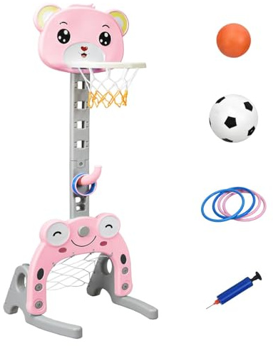 RELAX4LIFE 3 in 1 Canestro Basket per Bambini con Gioco Dell'Anello, Pallacanestro, Porta da Calcio e Golf, Altezza Regolabile 133-158cm, per 2-5 Anni (ROSA)