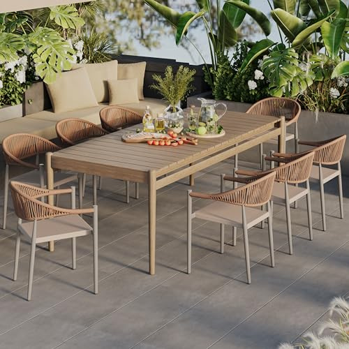 Erotr 8 Pcs Stackable Patio Dining Chairs, Aluminum Rattan Outdoor Dining Chair with Arms, Woven Rope Garden Armchair Metal No Assembly for Bistro Balcony Porch Deck Yard Cafe Restaurant, Light Brown