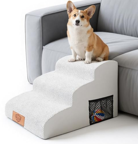 MASTERTOP Scale per Cani 3 Gradini, Scalini Antiscivolo per Gatti e Cani per Divano e Letto, Scaletta Schiuma Alta Densità, Copertura Impermeabile Lavabile (Bianco)
