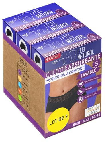 Feel Naturel - Pack Culotte Menstruelle Absorbante & Confort Réutilisable - Protection Hygienique Lavable, Coupe Haute Dentelle - Flux Léger à Modéré - Culotte Taille Haute Invisible - Taille S